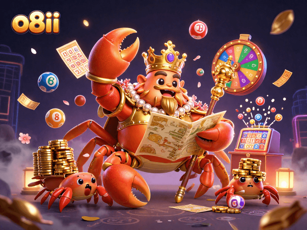 Engage in the exciting world of o8ii with a vibrant, dynamic scene of colorful lottery elements and a majestic golden crab emperor.