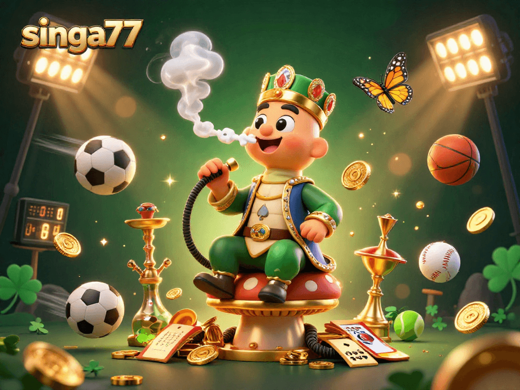 Singa77 brings excitement with a 3D casino scene showcasing a hookah-master and sports elements.