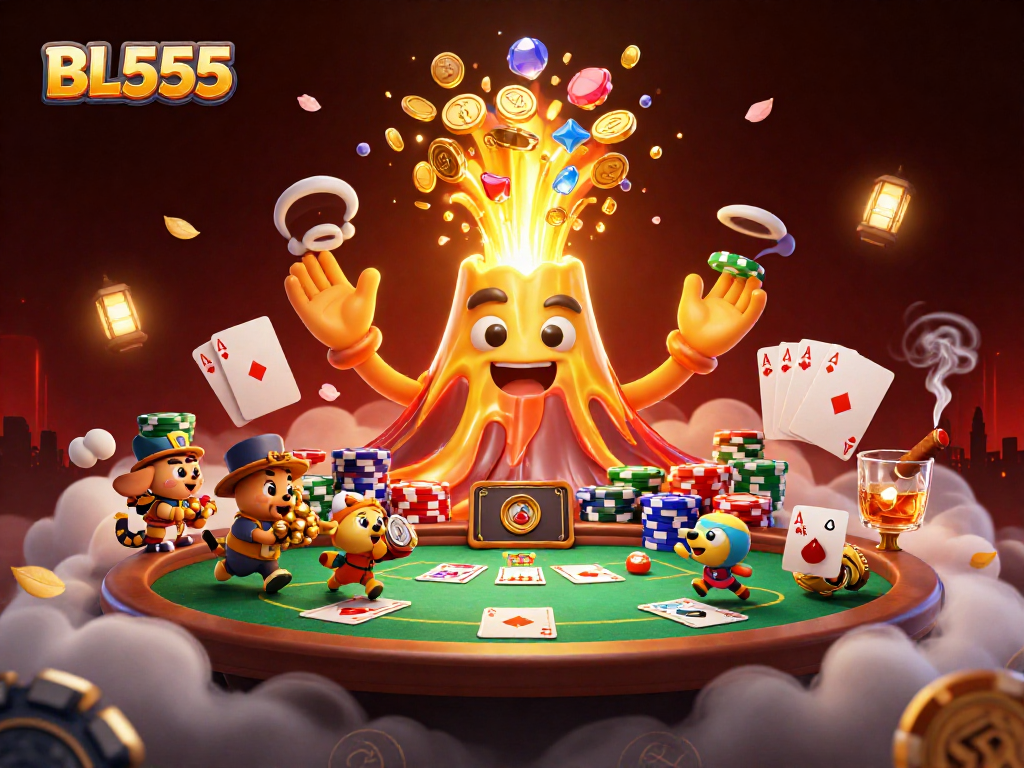 Win big with BL555: Experience the thrill of a vibrant 3D casino scene packed with action and treasure.