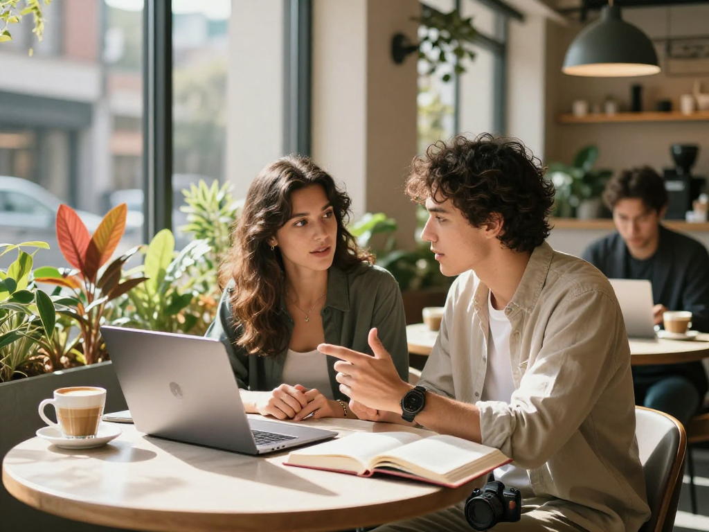 Couple discussing relationships and sex ai at a trendy café with a laptop and books