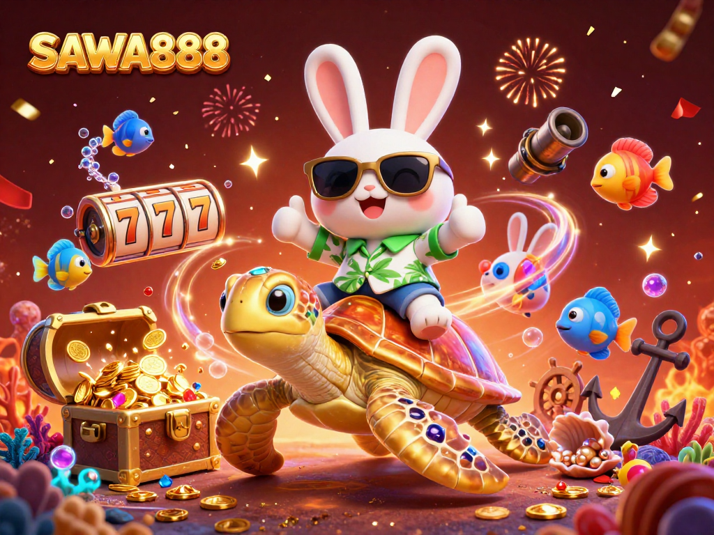 SAWA888 brings excitement to slots, showcasing a lucky rabbit and turtle in a vibrant casino-themed scene.
