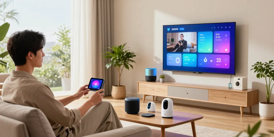 Cozy smart home living room featuring the best smart home gadgets 2026, showcasing a professional interacting with smart devices in a modern atmosphere.
