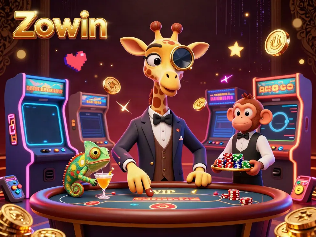 Experience the exciting world of Zowin at a VIP poker table with lively characters and glowing game elements.
