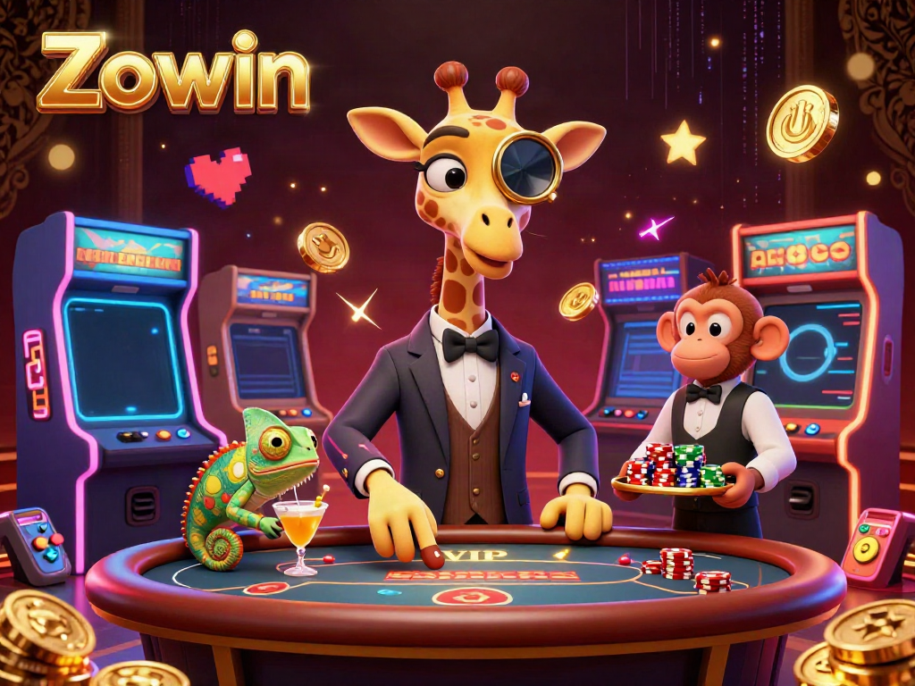 Experience the exciting world of Zowin at a VIP poker table with lively characters and glowing game elements.