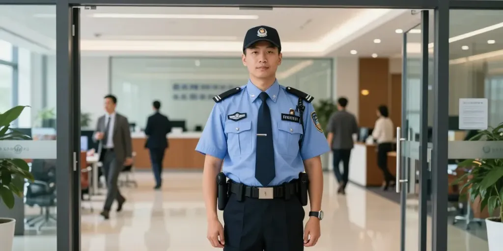 Security guard providing professional protection in a local corporate environment.