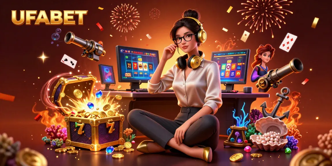 Experience UFABET with exciting slot reels and dynamic casino gaming elements flowing around a professional gamer.