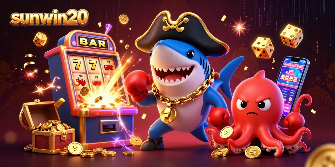 Experience thrilling wins at sunwin20 with a dynamic 3D gambling scene featuring a pirate shark, pufferfish, and an octopus.
