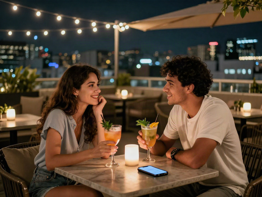 Couple engaged in sexchat over drinks in a trendy rooftop bar.