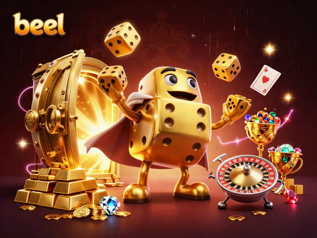 Experience the excitement of Beel with a golden dice golem and treasure-filled casino scene.