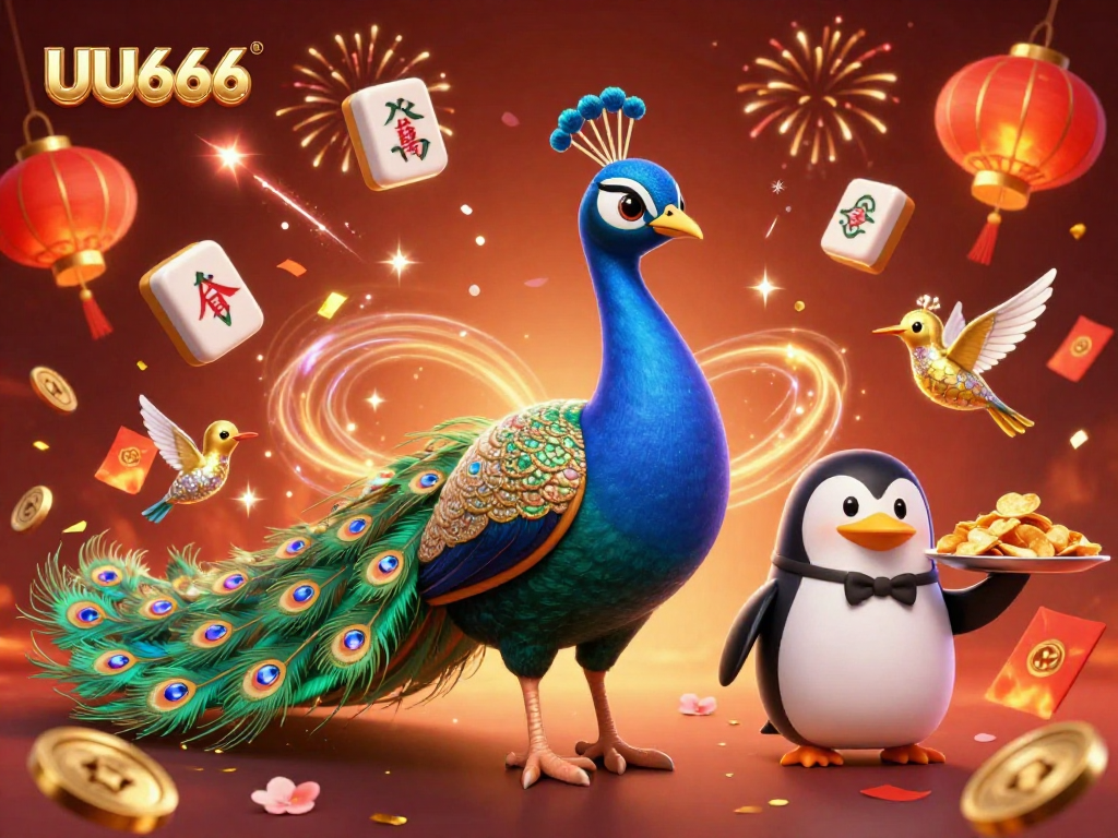 Engage in thrilling gaming at UU666, where an aristocratic peacock and friends celebrate with vibrant casino elements.