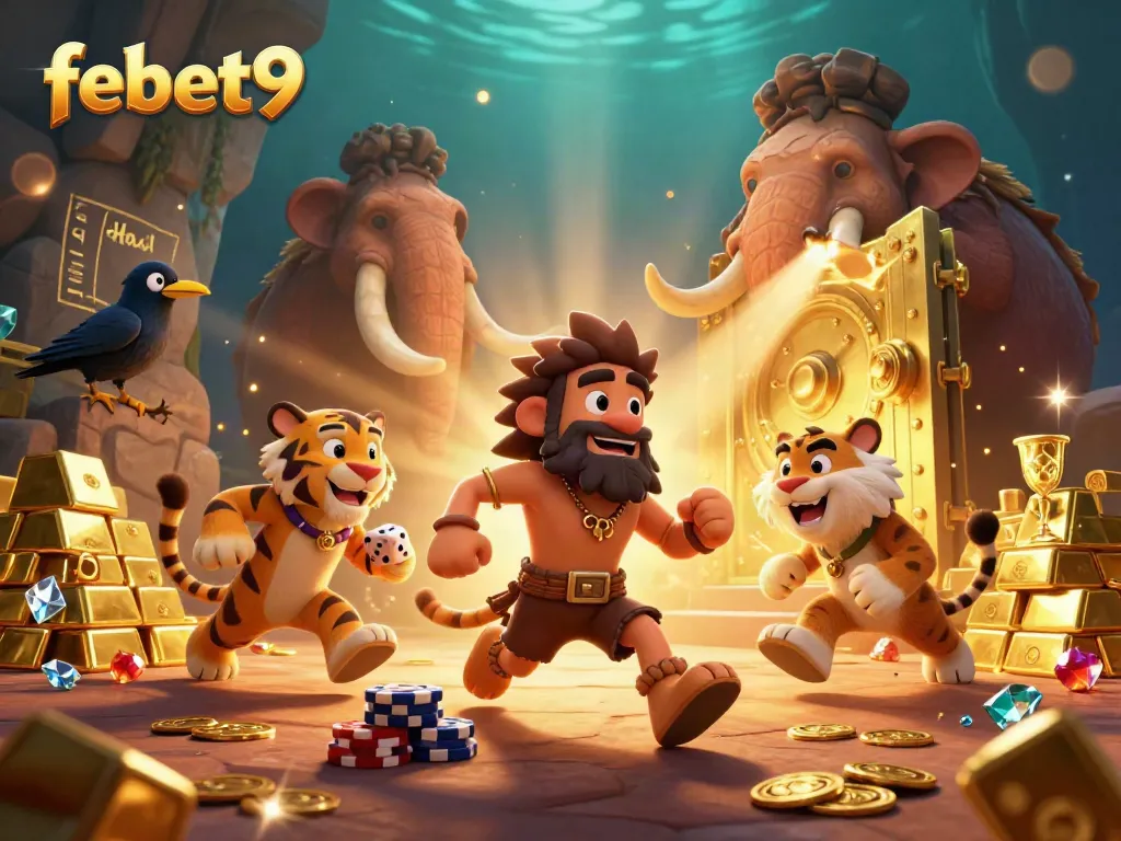 Experience the vibrant world of febet9 with a dynamic scene showcasing a prehistoric casino run by engaging characters amidst gold and jewels.