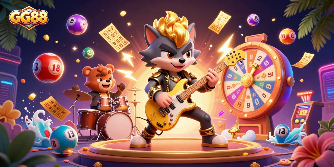 Engage in exciting moments with GG88's vibrant casino world featuring dynamic lottery elements and animated characters.
