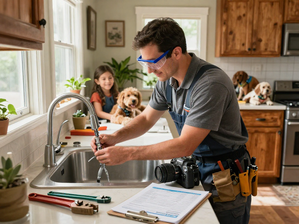 Professional plumber offering plumbing service Fort Worth adjusting faucet under sink in warm kitchen.
