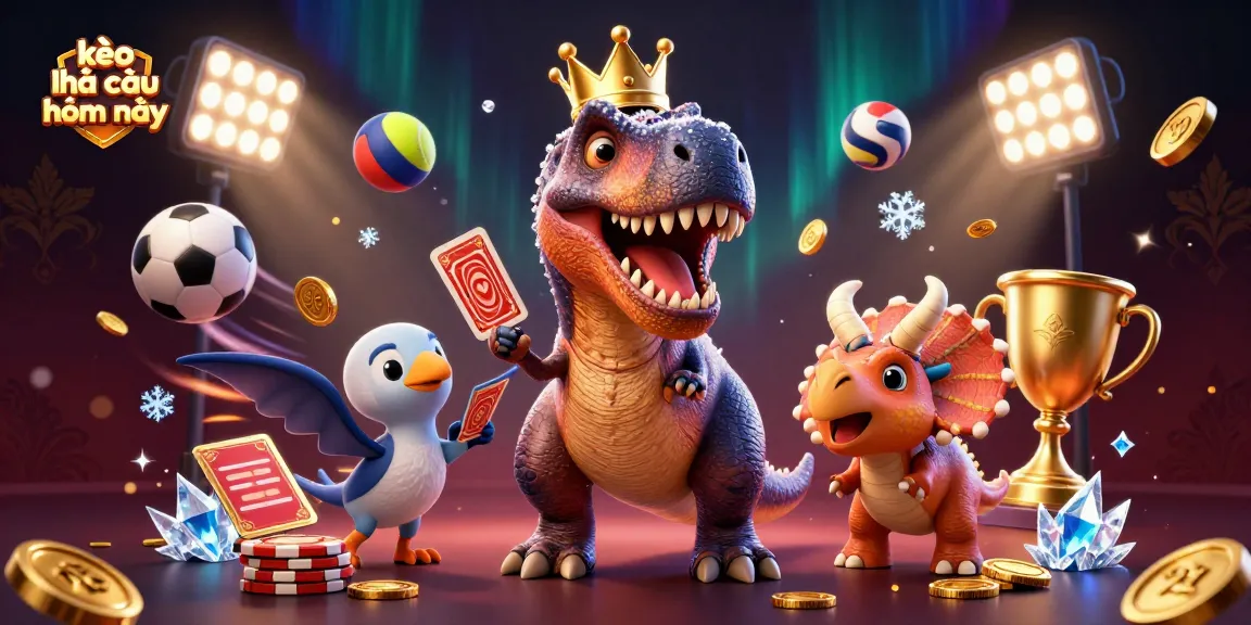 Engage in kèo nhà cái hôm nay with a fun 3D illustration featuring a T-Rex gambling with friends.