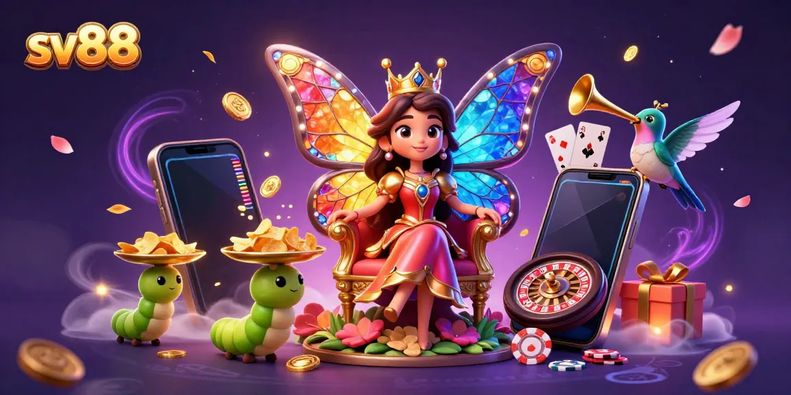 Engage with sv88's exciting casino experience featuring a butterfly queen and vibrant gaming elements.