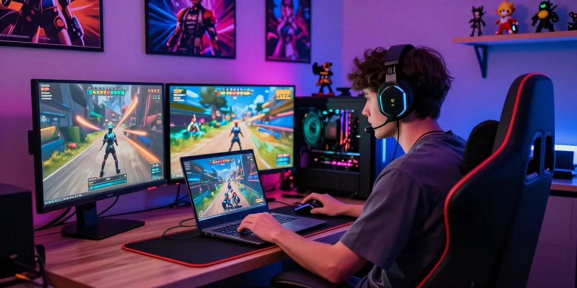 Engaging gamer immersed in hentai games with vibrant neon lights in a cozy gaming setup