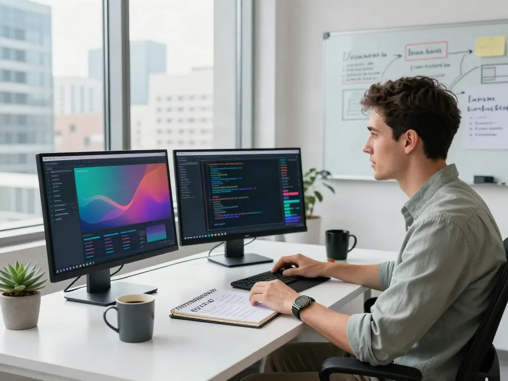 SEO specialist analyzing analytics dashboards and code related to instant indexing in a professional tech workspace.