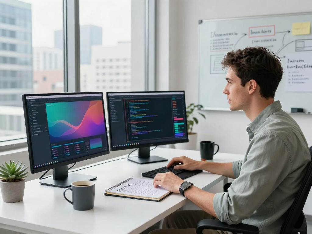 SEO specialist analyzing analytics dashboards and code related to instant indexing in a professional tech workspace.