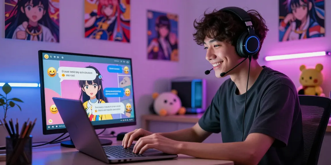 Engaging in ecchi chat with a vibrant AI character on a digital device in a cozy anime-themed room.