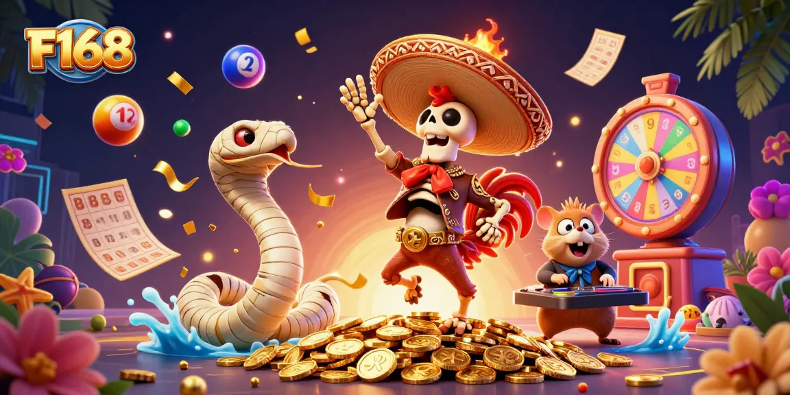 F168 brings excitement with a dynamic casino scene featuring a mariachi, mummy, and DJ.