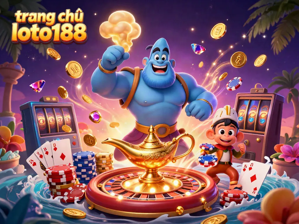 Experience excitement at trang chủ loto188 with a magical casino scene featuring a blue genie, poker chips, and spinning roulette.
