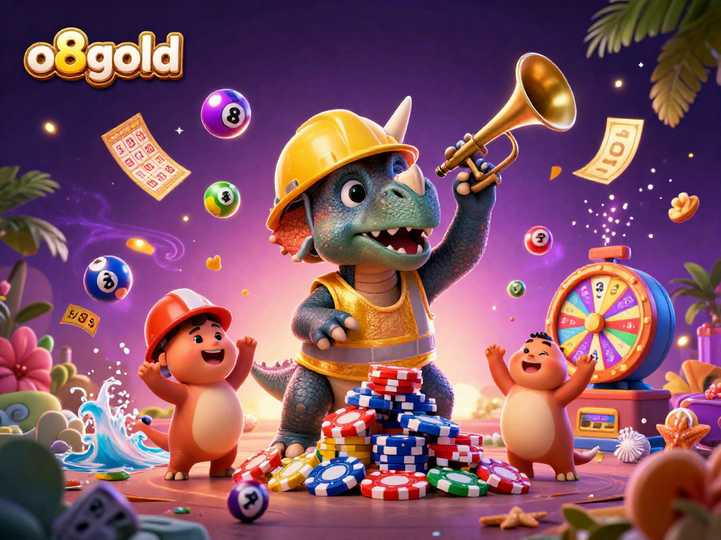 Spin and win with o8gold in a vibrant 3D casino celebration scene filled with fun!