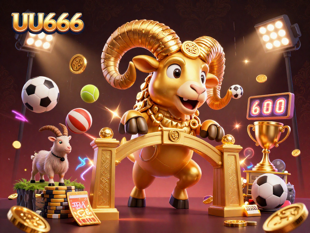 Engage with the vibrant UU666 casino scene showcasing a golden ram charging through a golden gate amidst dynamic sports elements.