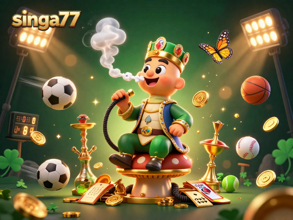 Singa77 brings excitement with a 3D casino scene showcasing a hookah-master and sports elements.
