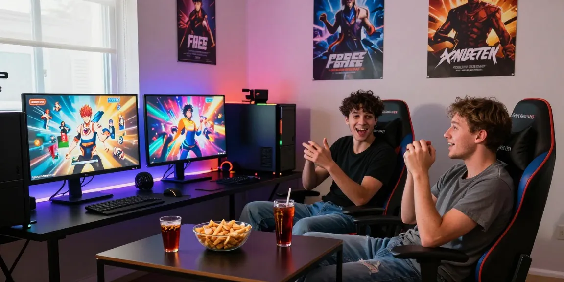 Couple enjoying a free ecchi game in a vibrant gaming room setting.