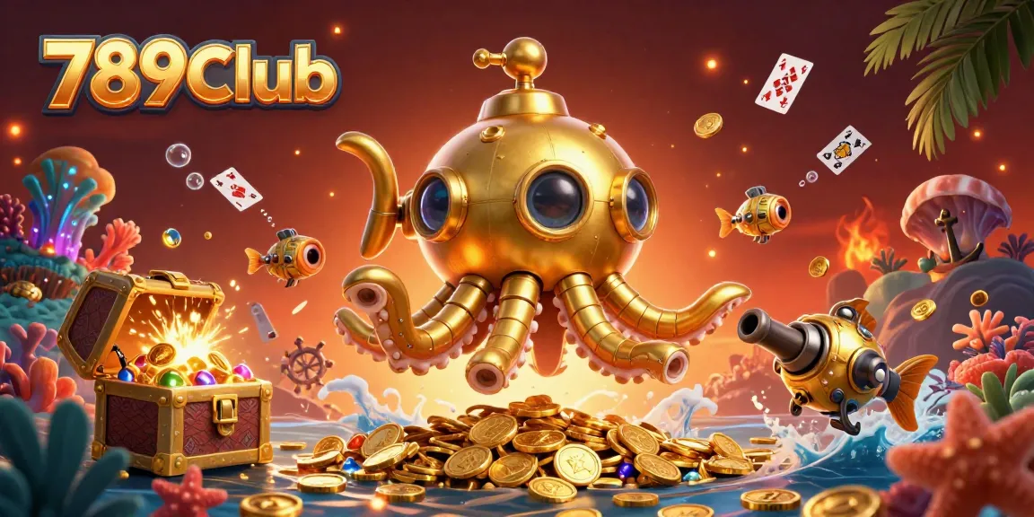 Immerse in 789Club's thrilling underwater adventure featuring a golden kraken submarine amidst riches and engaging games.