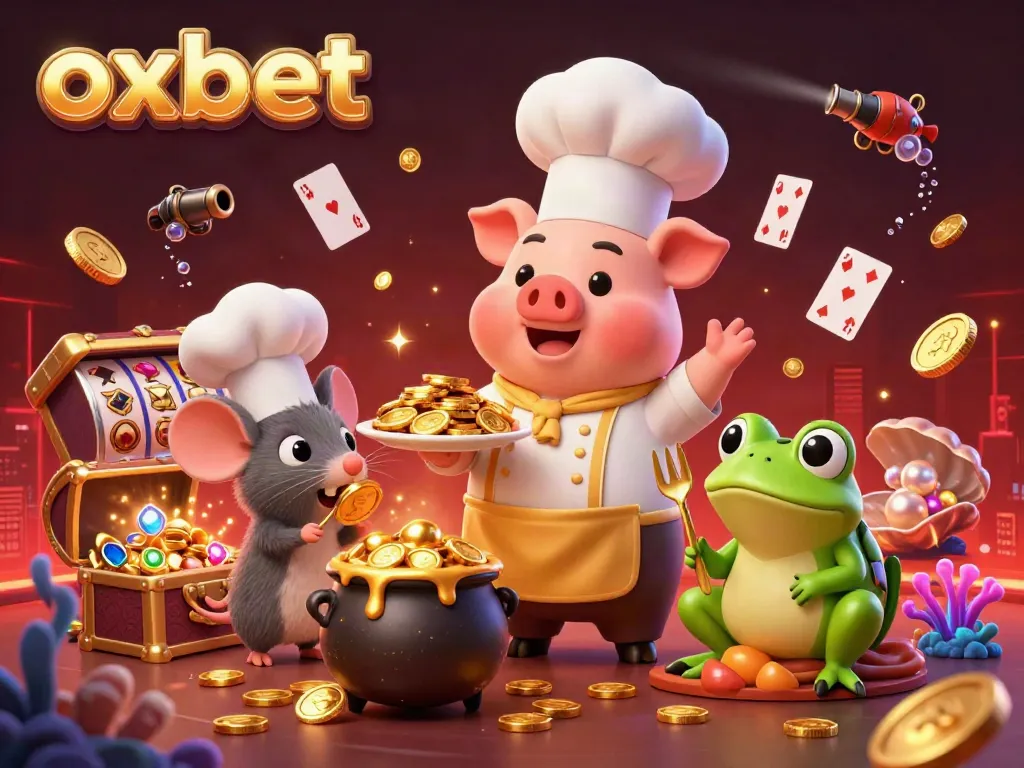 Experience the thrill of oxbet with a vibrant casino illustration featuring a pig chef and playful characters.