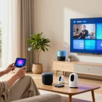 Cozy smart home living room featuring the best smart home gadgets 2026, showcasing a professional interacting with smart devices in a modern atmosphere.