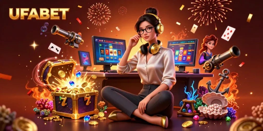 Experience UFABET with exciting slot reels and dynamic casino gaming elements flowing around a professional gamer.