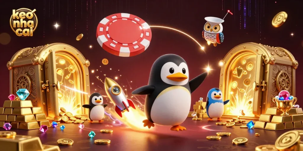 Engage with keo nha cai in a vibrant casino adventure featuring a golden penguin and treasures.