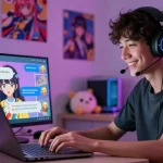 Engaging in ecchi chat with a vibrant AI character on a digital device in a cozy anime-themed room.