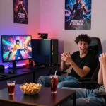 Couple enjoying a free ecchi game in a vibrant gaming room setting.
