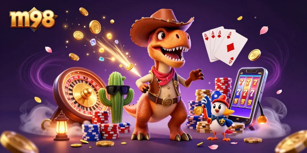 Experience the thrill of m98 casino action with a dynamic 3D scene featuring characters and vibrant gambling elements.