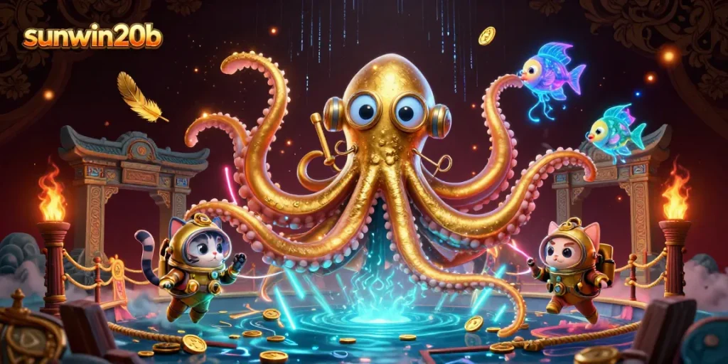 Engage with sunwin20b's immersive gaming world featuring a kraken, diving cat, and deep-sea magic.