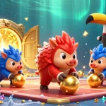 Experience sunwin with dynamic pangolin characters bowling through poker chips amidst a treasure-filled casino scene.