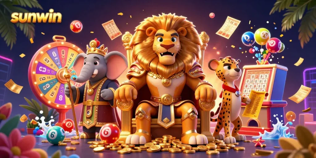 Join the exciting world of sunwin with a lively scene of a lion king and casino elements!